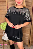 Silver sequin & black short sleeve w/ruffle trim women tops BQ15090-1 IS17