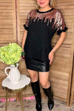 Tan sequin & black short sleeve w/ruffle trim women tops BQ15090-2 (DS3)