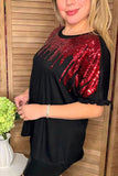 Red sequin & black short sleeve w/ruffle trim women tops BQ15090-3  ES4