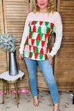 Red/green Christmas tree printed drop shoulder long sleeve women shirts BQ15418 DS8