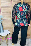 Christmas poinsettia printed black lace long sleeve women top BQ15432 BS6