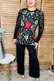 Christmas poinsettia printed black lace long sleeve women top BQ15432 BS6