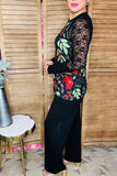 Christmas poinsettia printed black lace long sleeve women top BQ15432 BS6