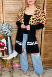 Waffle leopard printed & black color block long sleeve women cardigan BQ15494