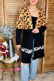 Waffle leopard printed & black color block long sleeve women cardigan BQ15494