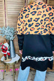Waffle leopard printed & black color block long sleeve women cardigan BQ15494