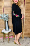 Aztec embroidery long sleeve black women dress w/side pocket BQ15496 AS13