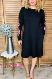 Aztec embroidery long sleeve black women dress w/side pocket BQ15496 AS13