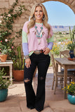 BQ15555 Mint/purple/pink solid color printed long sleeve women tops w/side splits FS4
