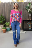 Western patterns printed & fuchsia patchwork women's boutique top BQ15582 FS12