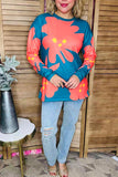 Coral/yellow floral printed long sleeve teal women tops BQ15645 BS10
