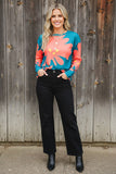Western Coral/yellow floral long sleeve women's boutique top Southern Stitch BQ15645 BS12