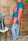 Coral/yellow floral printed long sleeve teal women tops BQ15645 BS10