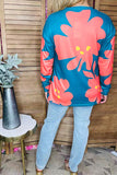 Coral/yellow floral printed long sleeve teal women tops BQ15645 BS10