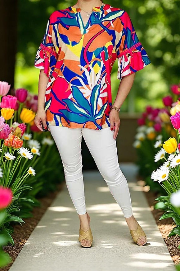 Women's boutique clothing suppliers Multi Color floral & bell sleeve & pink trim tops BQ15684