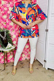 Women's boutique clothing suppliers Multi Color floral & bell sleeve & pink trim tops BQ15684