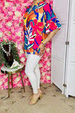 Women's boutique clothing suppliers Multi Color floral & bell sleeve & pink trim tops BQ15684