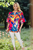 Women's boutique clothing suppliers Multi Color floral & bell sleeve & pink trim tops BQ15684
