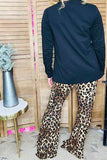 Black long sleeve top & loepard bell bottom pant 2pc women sets BQ15729(AS5)