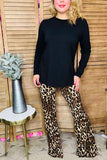 Black long sleeve top & loepard bell bottom pant 2pc women sets BQ15729(AS5)