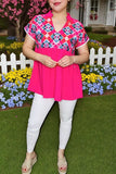 Women top wholesale Aztec embroidery & fuchsia color block with/trim short sleeve BQ15860