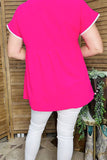 Women top wholesale Aztec embroidery & fuchsia color block with/trim short sleeve BQ15860