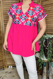 Women top wholesale Aztec embroidery & fuchsia color block with/trim short sleeve BQ15860