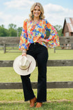 Chic floral 3/4 bell sleeves women's boutique top w/white ribbon trim BQ15870 ES1