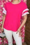 Shope women's clothing wholesale Double pink ruffle short sleeve women top BQ15926