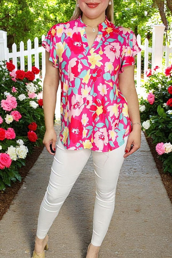 Women's clothing wholesale Fuchsia floral prints & ruffle short sleeve & V-neckline top BQ15948