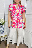 Women's boutique clothing suppliers Fuchsia floral prints & ruffle short sleeve & V-neckline BQ15948