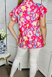 Women's boutique clothing suppliers Fuchsia floral prints & ruffle short sleeve & V-neckline BQ15948