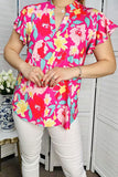 Women's boutique clothing suppliers Fuchsia floral prints & ruffle short sleeve & V-neckline BQ15948