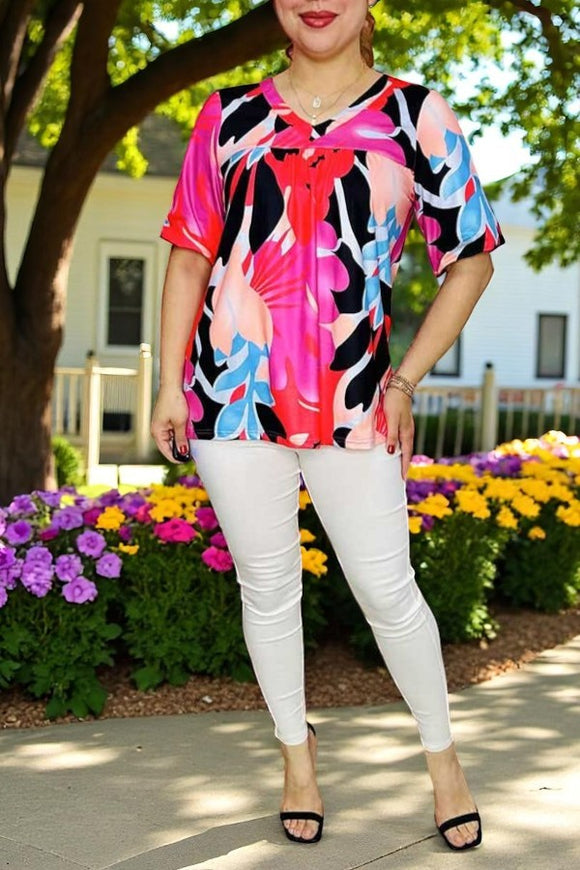 Women's clothing bulk Multi color floral prints short sleeve lady's blouse BQ15950