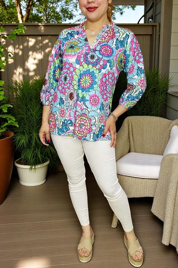 Western women's clothing wholesale floral prints 3/4 sleeve top BQ15954