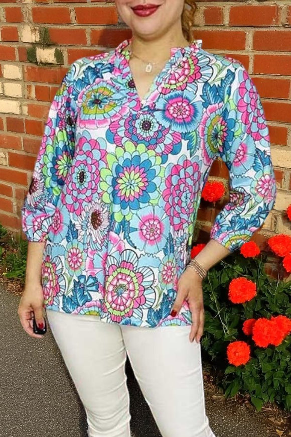 Western women's clothing wholesale floral prints 3/4 sleeve top BQ15954
