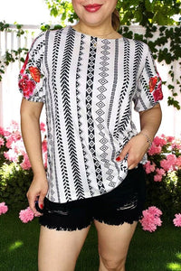 Women's blouse wholesale Aztec prints & floral embroidery & short sleeves BQ16030