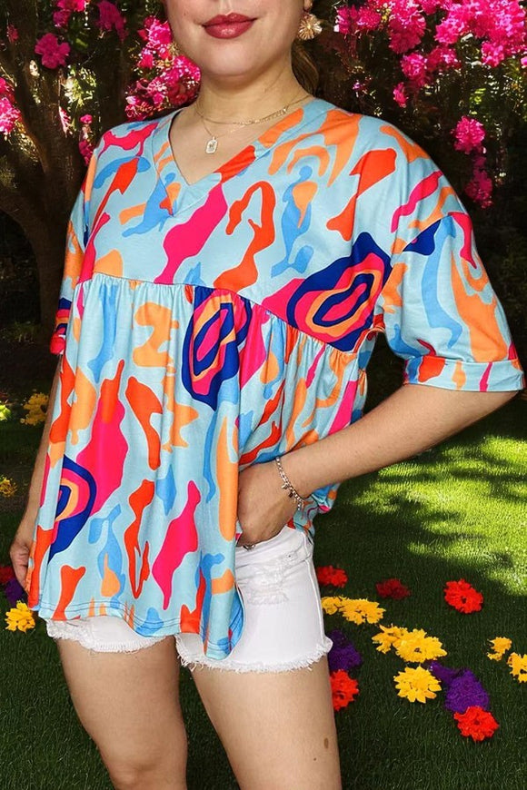 Women's blouse suppliers Multi color prints baby doll & short sleeve top BQ15955