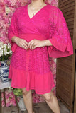 Women dress suppliers Fuchsia lace w/linling & bell sleeve & buttons and zipper BQ15956