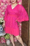 Women dress suppliers Fuchsia lace w/linling & bell sleeve & buttons and zipper BQ15956