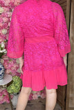 Women dress suppliers Fuchsia lace w/linling & bell sleeve & buttons and zipper BQ15956