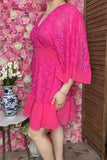 Women dress suppliers Fuchsia lace w/linling & bell sleeve & buttons and zipper BQ15956