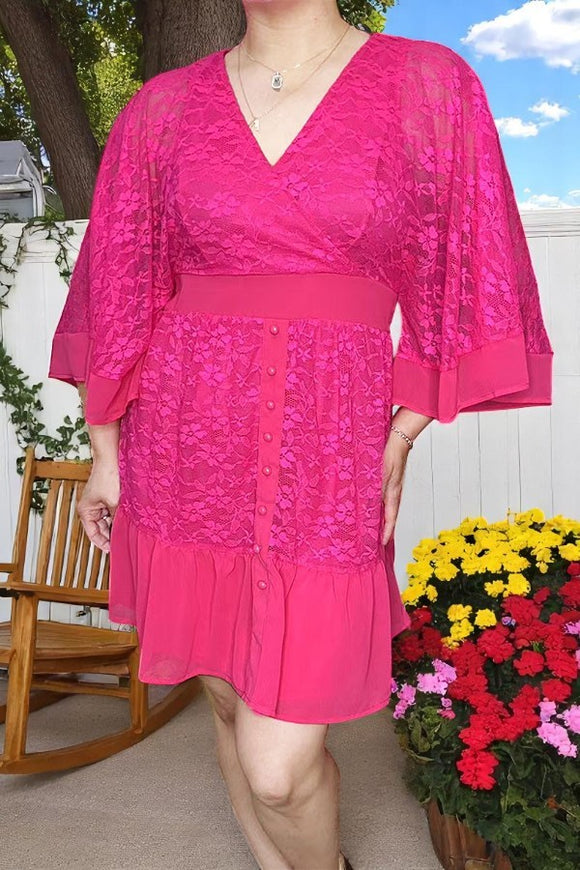 Women dress suppliers Fuchsia lace w/linling & bell sleeve & buttons and zipper BQ15956