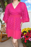 Women dress suppliers Fuchsia lace w/linling & bell sleeve & buttons and zipper BQ15956