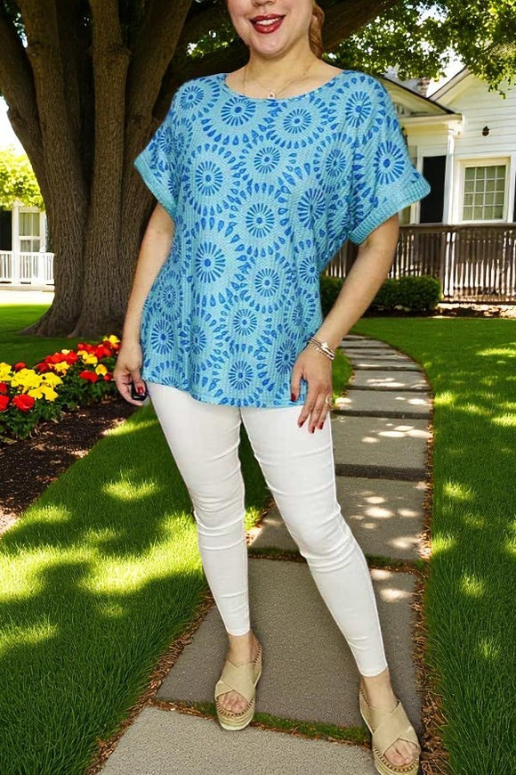 Women's clothing wholesale Blue geometrical prints & short sleeves BQ15978