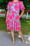 Women's midi dress suppliers fuchsia & turquoise floral & puff short sleeves BQ16008