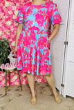 Women's midi dress suppliers fuchsia & turquoise floral & puff short sleeves BQ16008