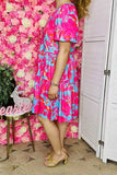 Women's midi dress suppliers fuchsia & turquoise floral & puff short sleeves BQ16008