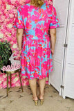 Women's midi dress suppliers fuchsia & turquoise floral & puff short sleeves BQ16008
