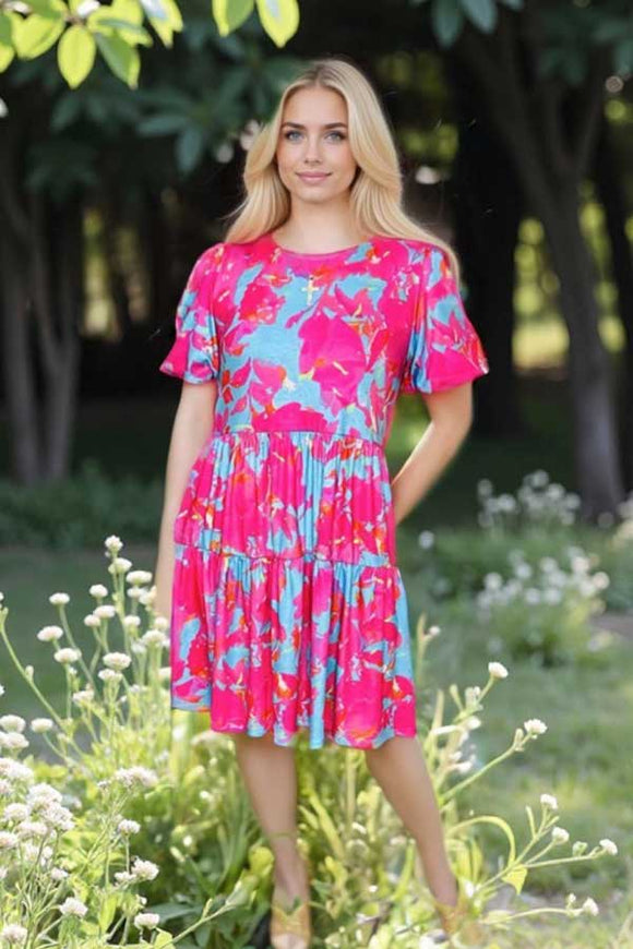 Women's midi dress suppliers fuchsia & turquoise floral & puff short sleeves BQ16008